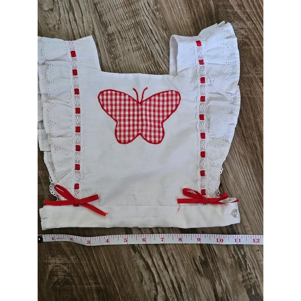 Vintage‎ Girls White Eyelet Lace Butterfly Pinafore Bib Top Red Gingham Bows